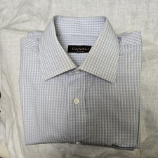 Canali Men s Dress Shirt Size 39 15.5 Blue White Stripe/Check Classic Fit Italy