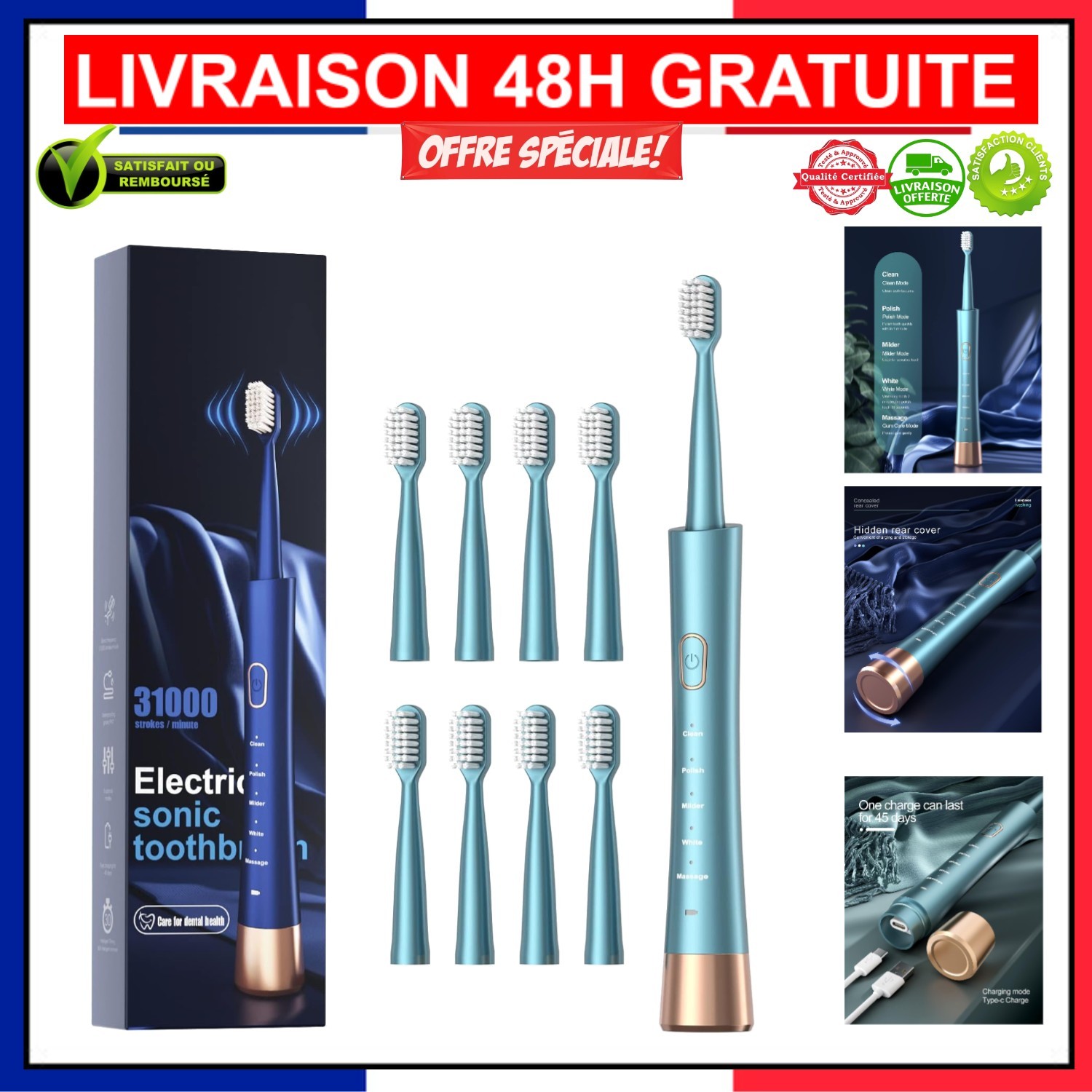 Brosse à dents sonique rechargeable vert élégant haute performance pour soin dentaire premium