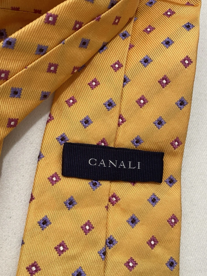 CANALI All Silk 黄色男式领带。 几何图案。 意大利制造。 Ex Con — 第 2/4 张图片