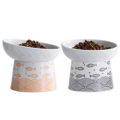 Tilted Ceramic Elevated Cat Bowls Raised Food and Water Bowl Set for Kitty Ca...