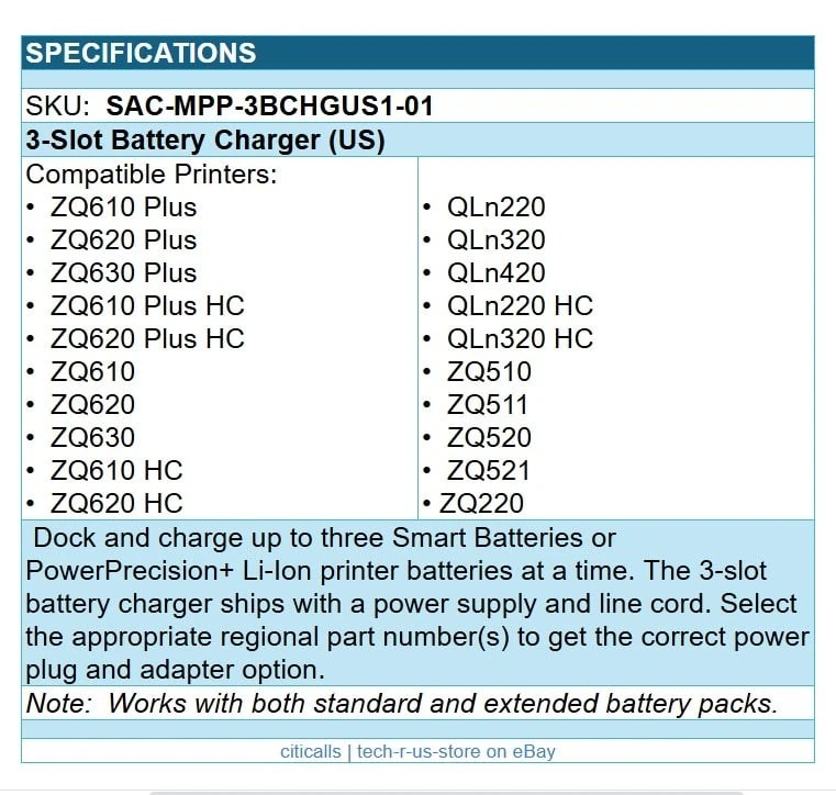 Zebra SAC-MPP-3BCHGUS1-01 3-Slot Battery Charger for ZQ QL Printers - Image 2 of 4