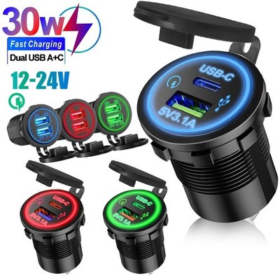 Universal Motorcycle Car USB Type-C Charger Socket with LED Light Waterproof