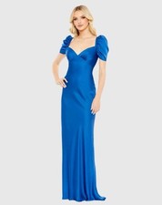 MAC DUGGAL Size 6 Blue Satin Empire Waist Puff Sleeve Formal Gown Dress New $498