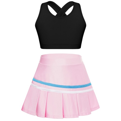 Kids Girls Crop Top With Skirt Cross Back Activewear Summer Sportswear Set Mini - Picture 71 of 83
