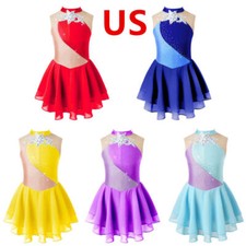 Girls Dance Dress Sequins Figure Ice Skating Kids Sleeveless Leotard Costume