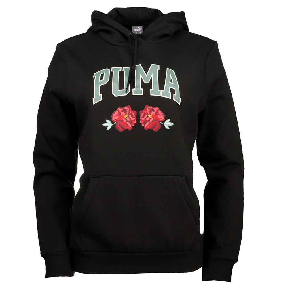 Пуловер с капюшоном и цветочной вышивкой из искусственной кожи Puma, женская черная повседневная верхняя одежда 684410
