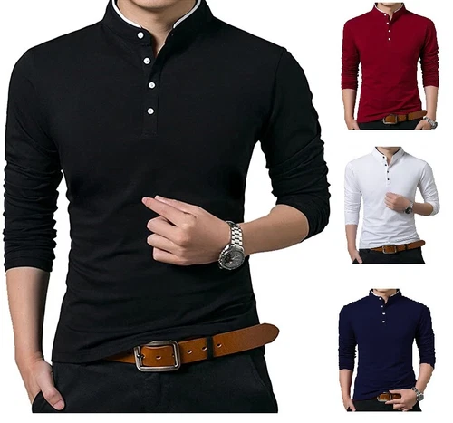 Men's Grandad Shirts Polo Shirt Long Sleeve Mandarin Collar Slim Fit Pique PL14