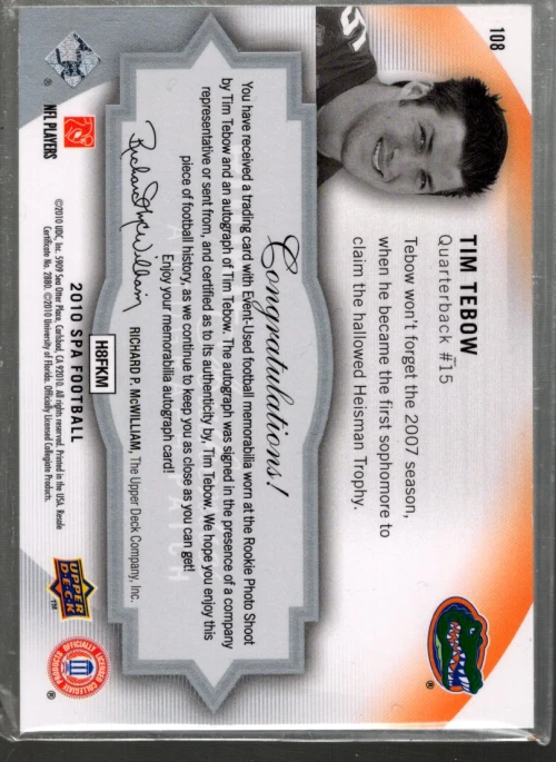 B2917- 2010 SP Authentic #108 Tim Tebow RC Auto Jersey /299 SAMPLE PIC - Image 2 of 2