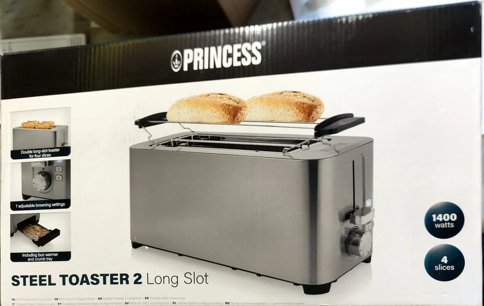 Princess Steel Toaster 2 Long Slot 1400W – 4 Fette, Scalda Panini - Immagine 2 di 4