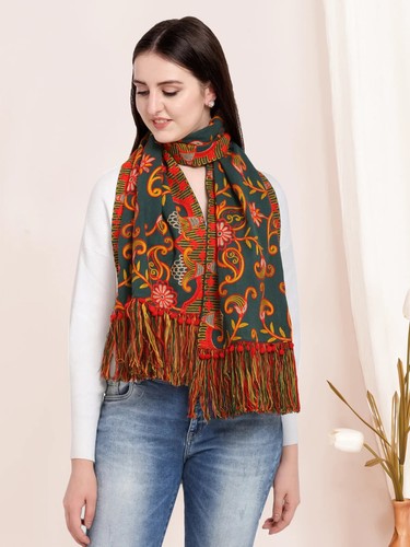 Indian Embroidered Green Stole Scarf on Handloom Khadi Cotton for Winters