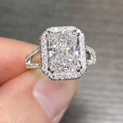 3.68Ctw Radiant Cut Moissanite Split Shank Engagement Ring 14K White Gold Plated