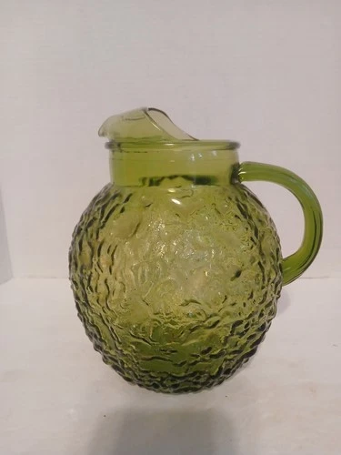 Vintage Anchor Hocking Lido Milano Avocado Crinkle Glass Ball Pitcher