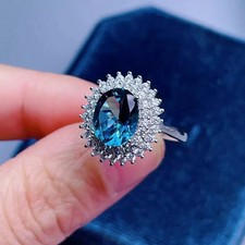 2.85 Ct Oval Cut Blue Topaz Diamond Engagement Ring 14K Solid White Gold