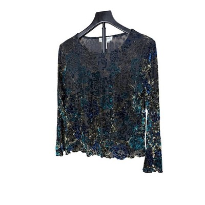 Coldwater Creek XS Black Floral Burnout Velvet Sheer Mesh Top Blue Teal