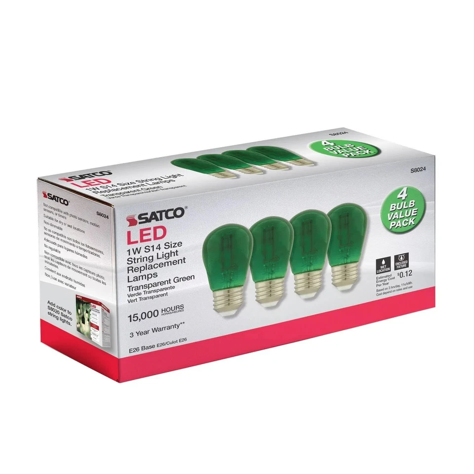 Satco S8024 - 1 Watt LED S14 Outdoor Holiday Green String Light Bulbs (4 Pack) - Image 4 of 4