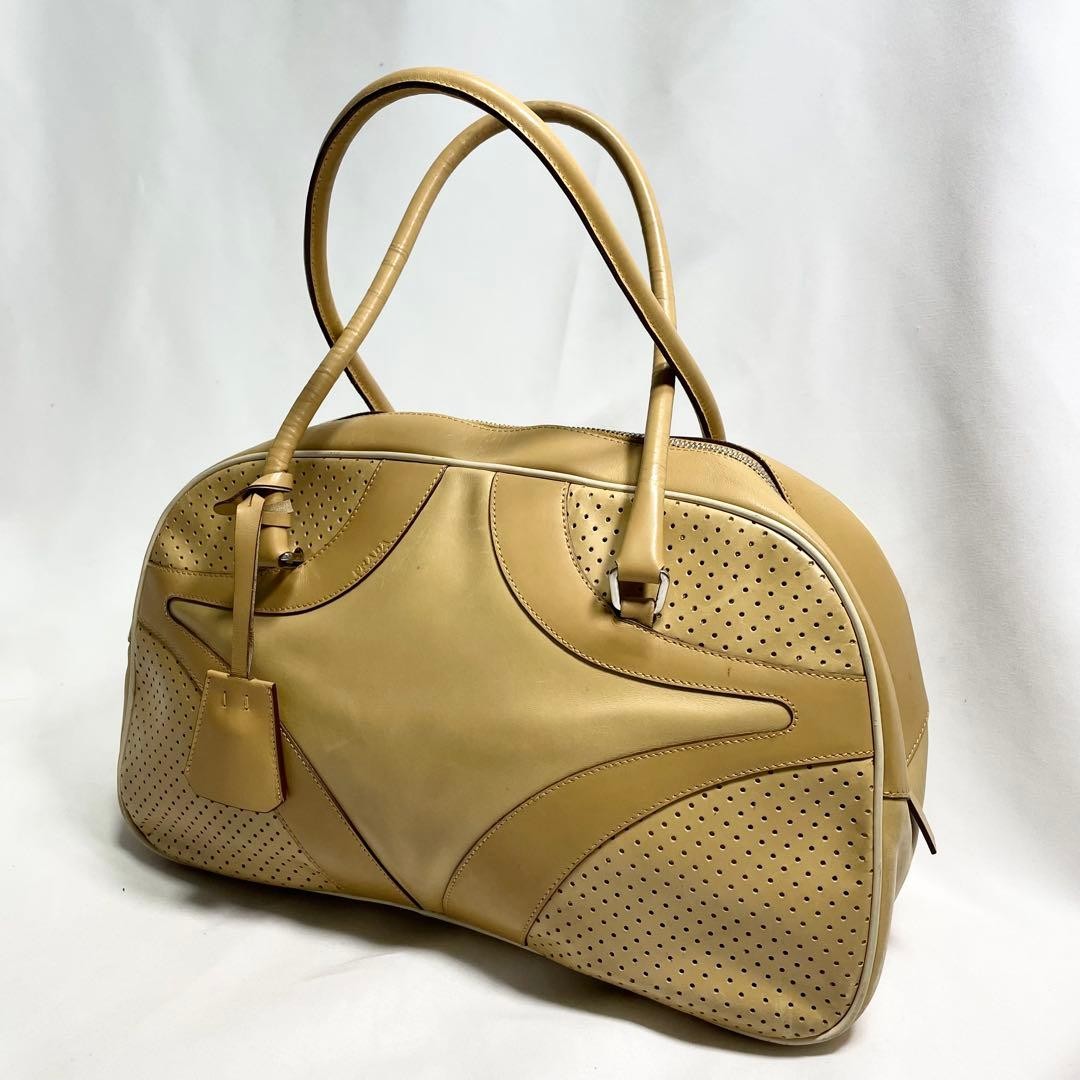 PRADA Punching Leather Boston Bag Large Multi-Pocket with Lock Japan F/S USED