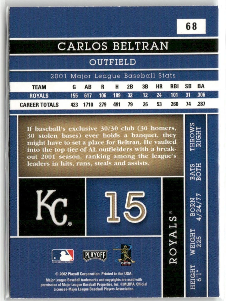 2002 PLAYOFF ABSOLUTE MEMORABILIA #68 CARLOS BELTRAN KANSAS CITY ROYALS - Image 2 of 2