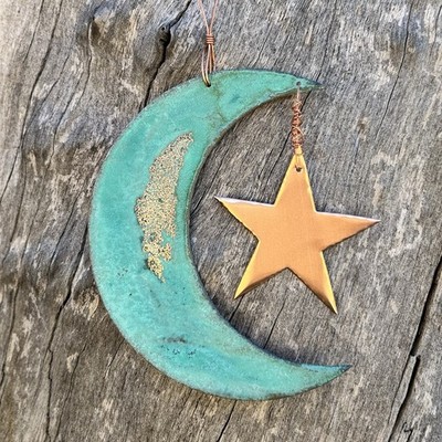 MOON with STAR Copper Verdigris Christmas Ornament Handcrafted AZ Southwest
