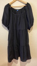 Old Navy Cotton Gauze Tiered Dress Sz XXL Pockets Black Boho Beach Elastic Neck