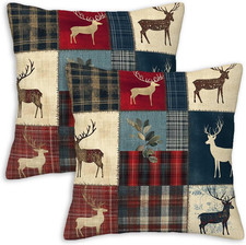 Deer Plaid Throw Pillow Covers 18x18 Set of 2, Rustic Stag Print Decorative Cush