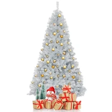 7.5' Hinged Unlit Artificial Silver Tinsel Christmas Tree Holiday w/Metal Stand
