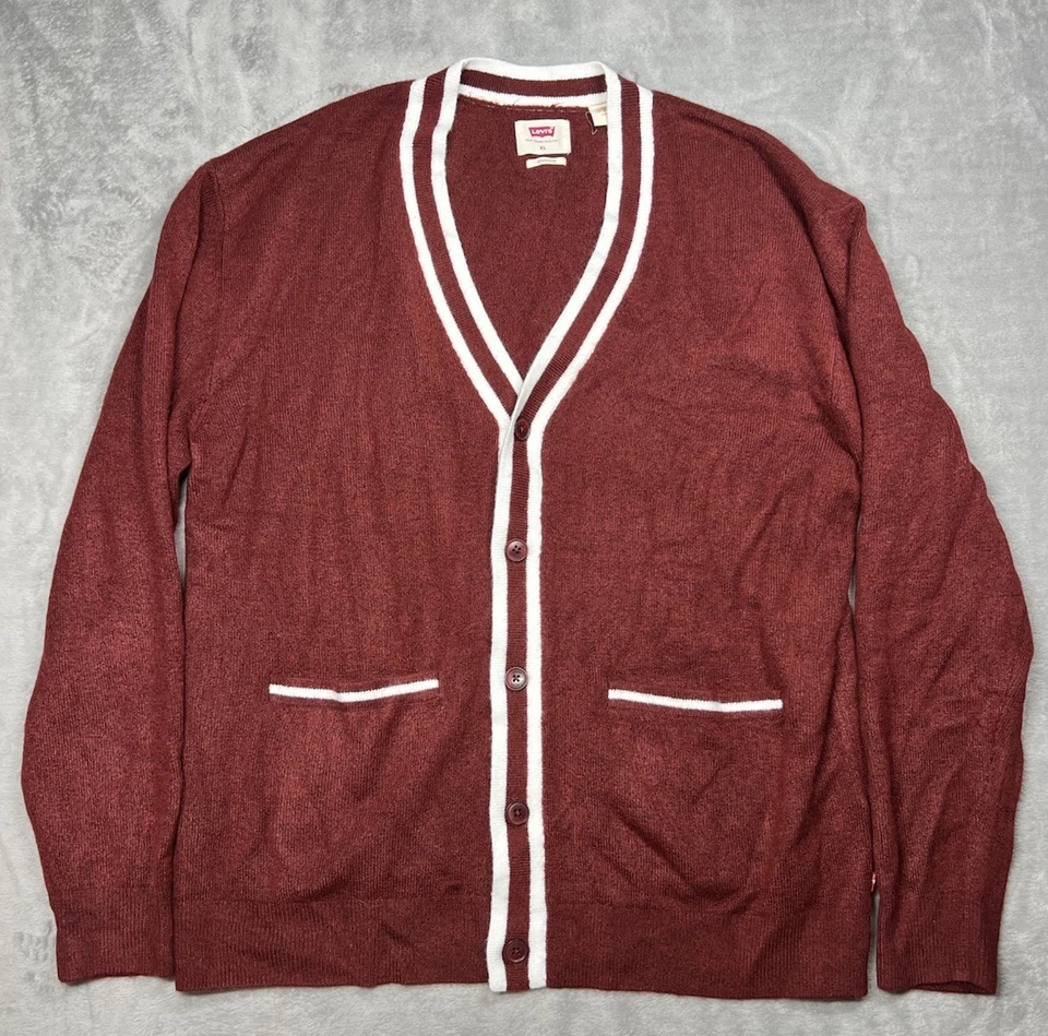 Cárdigan Levi’s Para Hombre XL Granate Borgoña Blanco Borde Universitario Retro Tejido Suéter Foto 2 de 4