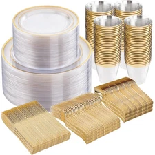 600pc Gold Trim Plastic Dinnerware Set for Party: 100 Dinner Plates, 100 Dess...