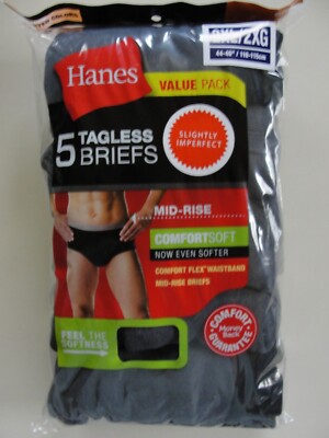 5 Pair Men's Hanes Dark Gray Tagless Mid-Rise Briefs - Size 2XL (44-46'') - New