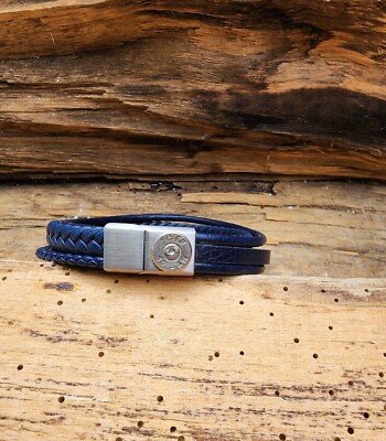 Multi Layered Blue Leather Bullet Bracelet. Optional Crystal. Nickel Casing.