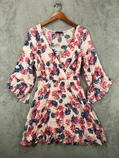 As U Wish Womens Small Mini Dress Boho Gauze Pink Floral Crinkle Ruffle Sleeve