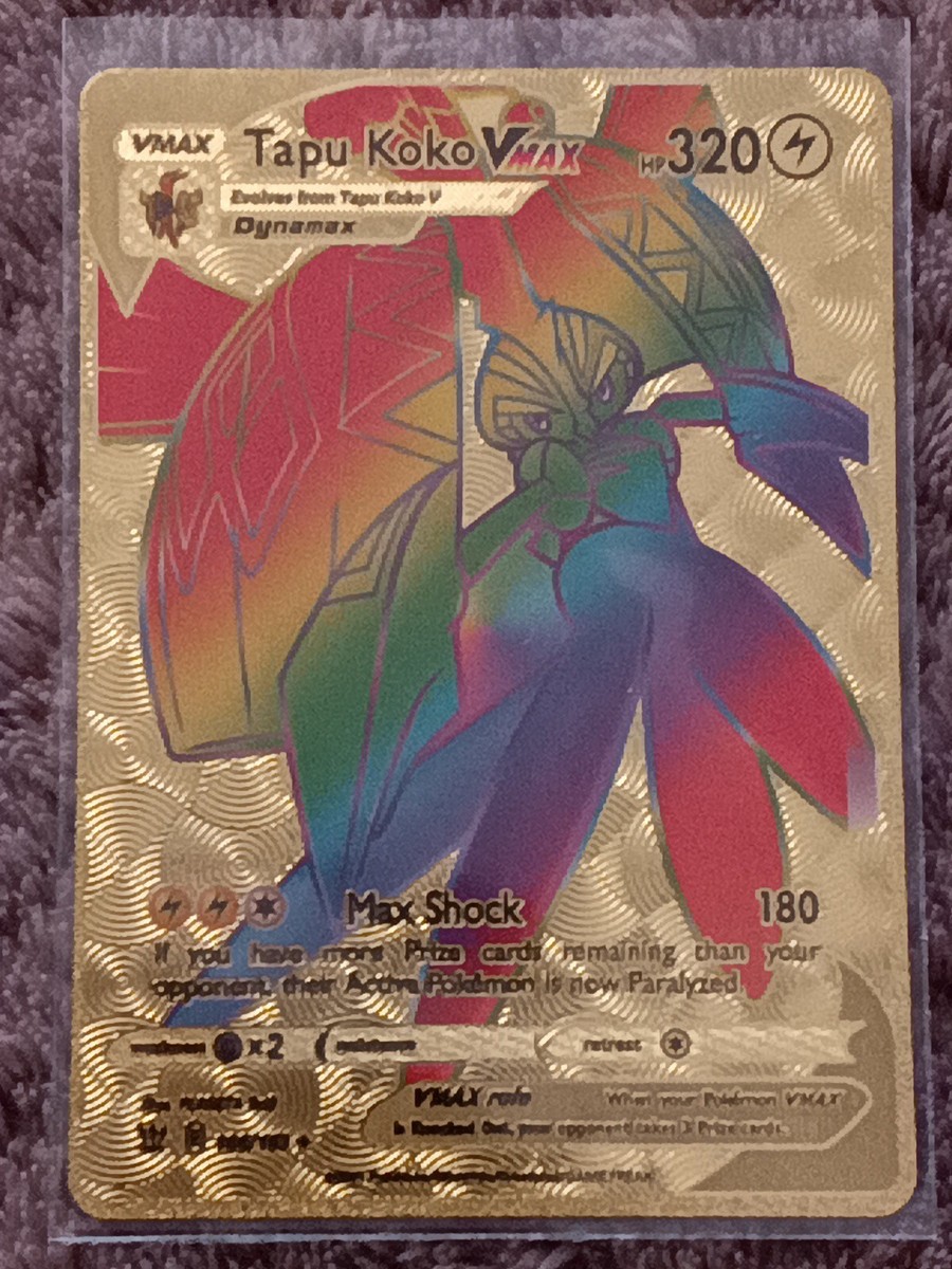 tapu koko vmax pokemon card value Rainbow Tapu Koko VMAX Pokemon Gold Foil Card Fan Art with Top Loader MINT