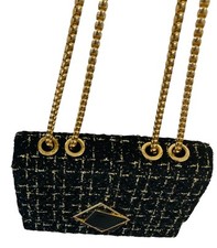 CLASSIC AUTUMN VTG TWEED CROSSBODY Black Gold Adjustable Chain 90 s Retro Zip