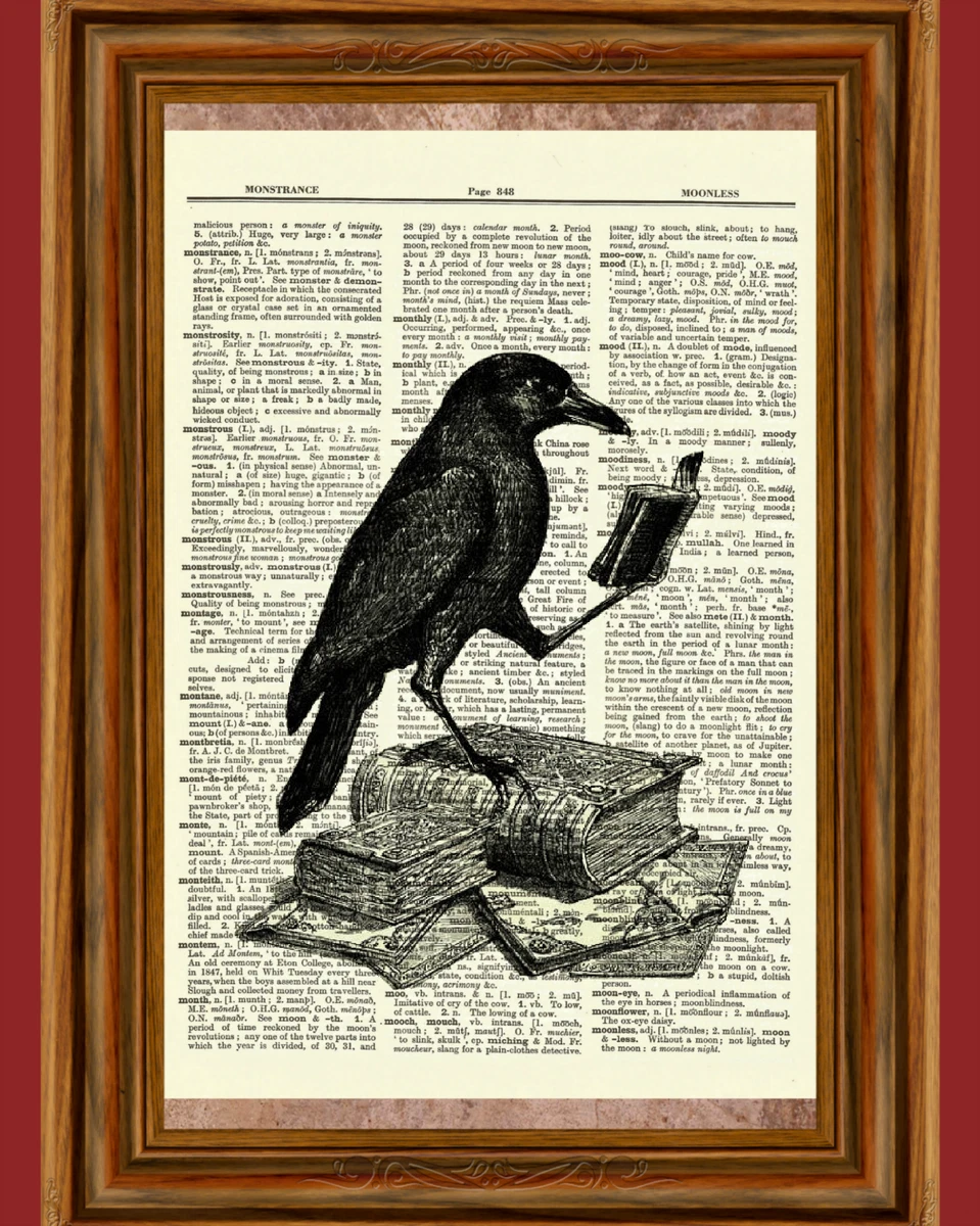 Edgar Allan Poe Vintage Dictionary Art Print Poster The Raven On Books  Victorian