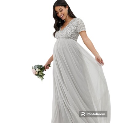 Maya Deluxe Maternity Bridesmaid V Neck Maxi Tulle Dress Sequins - Main Image