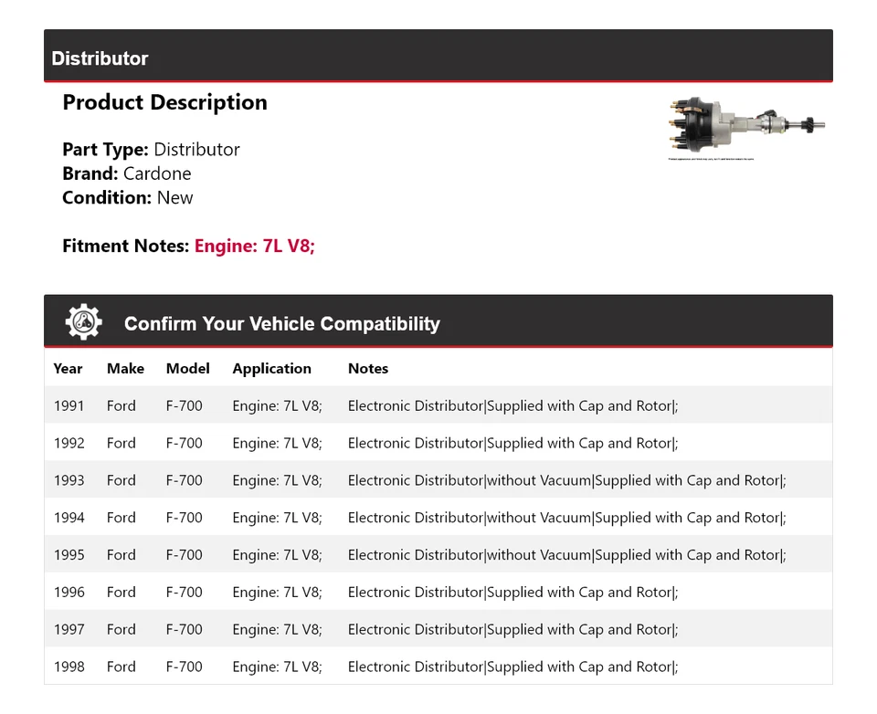 Ford F-700 1991-1998 7L V8 distribuidor Cardone 1992 1993 1994 1995 1996 1997 Foto 2 de 4