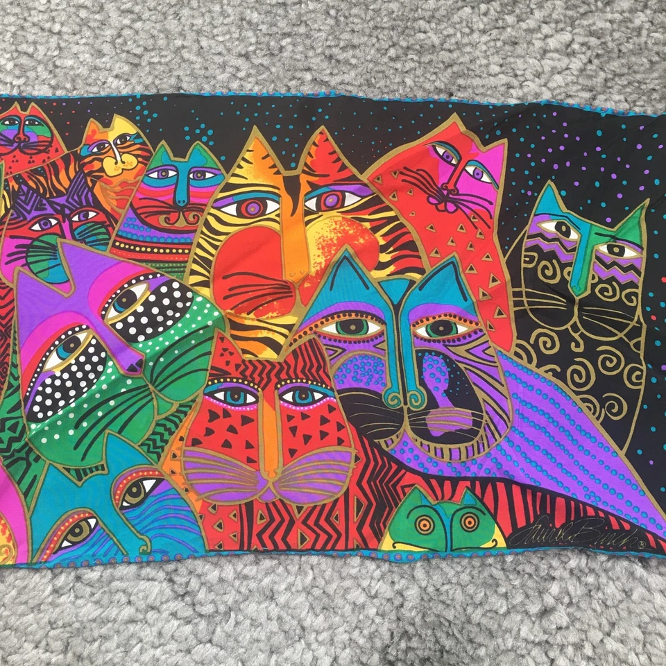 Laurel Buch 女式丝绸围巾 50 X 11 五颜六色的猫艺术蜂蜜系列全新带标签 — 第 4/4 张图片