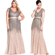 Adrianna Papell Formal Ball Gown Dress with Sequin and Beaded - Tan Size 14 Prom