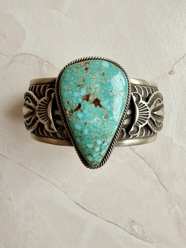 Leroy James Navajo Sterling Natural Turquoise Cuff Bracelet 84g Signed Handmade