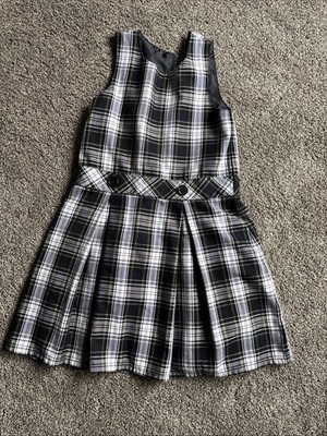 Land s End White Plaid Girls Uniform Jumper Zipper Back Dress Below Knee Size 8