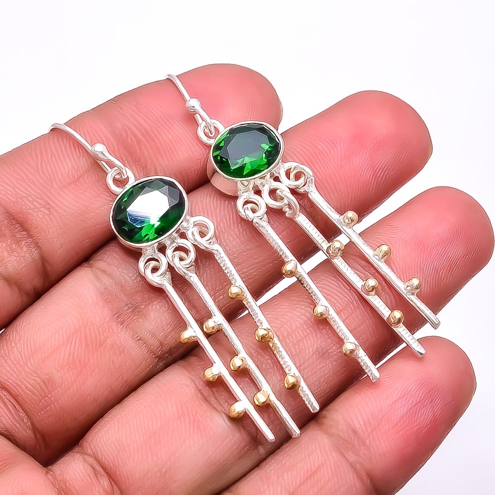 Simulated Emerald 925 Sterling Silver Two-Tone Dangle Earrings 2.15 Inch  