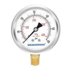 MEASUREMAN 2-1/2inch Dial Size, Liquid Filled Pressure Gauge, 0-60 psi 