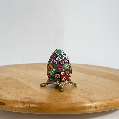 Murano Venetian Millefiori Art Glass Egg Figurine Paperweight with Brass Stand