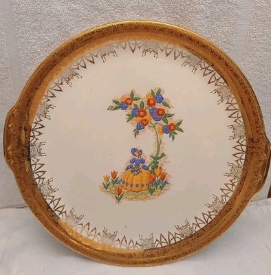 Vintage 14.5'' Serving Platter Warranted 22K Gold Scrollwork Lady Floral USA