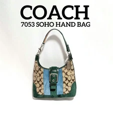 COACH Shoulder Bag Beige Leather Suede Soho Signature Hobo 7053 Unisex FromJapan