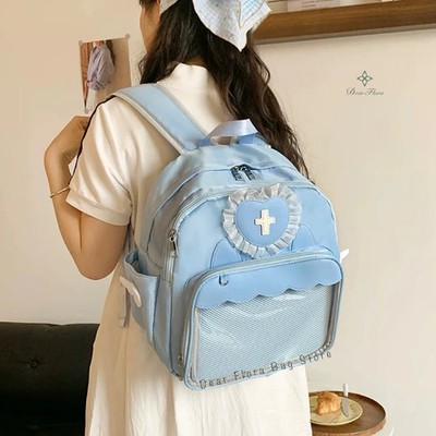 Y2K Ita Kawaii Heart Cross Backpack Nylon School Bag Clear Pocket 