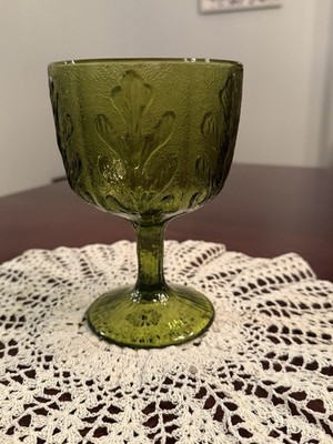 FTD 1975 Vintage Olive Green Glass Goblet with Raised Oak Leaf Pattern 6.5''