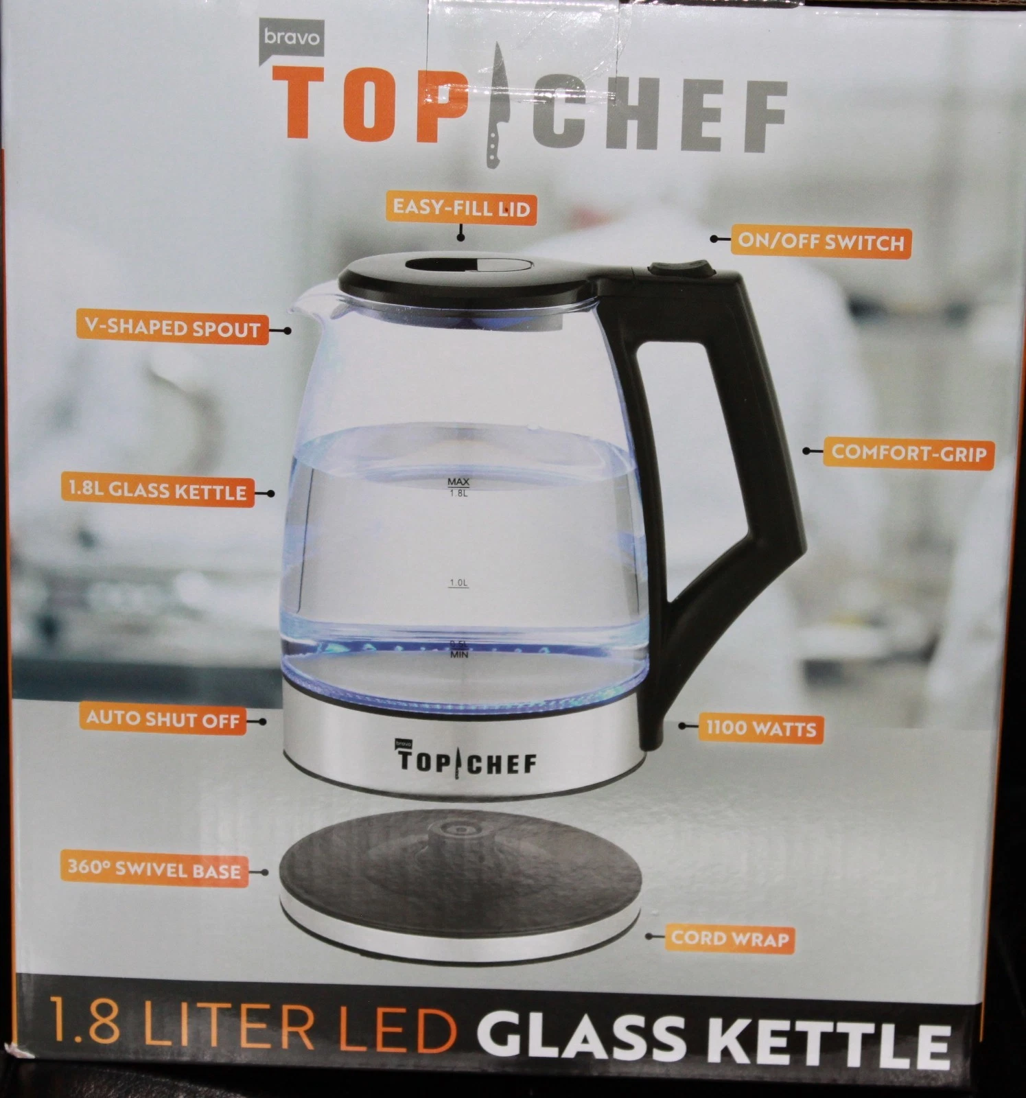 Top Chef Electric Kettle, 1.8L Glass Kettle W Blue LED Light Auto & Shut Off