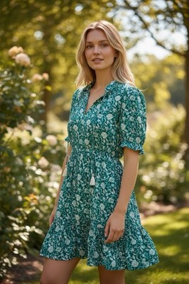Mila Mae Cottagecore Tie Neck Mini Dress in Teal Floral size S