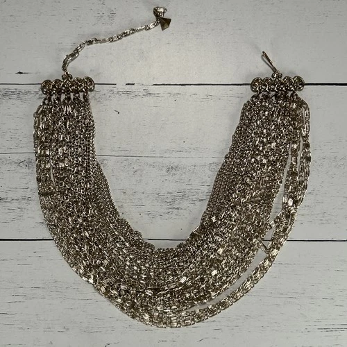 Vintage Silver Tone Multi Strand Chain Bib Necklace 1970s-1980s Costume Jewelry