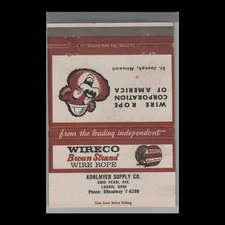 Matchbook Cover Wireco Brown Strand Wire Rope Kohlmyer Supply Co. Lorain, OH